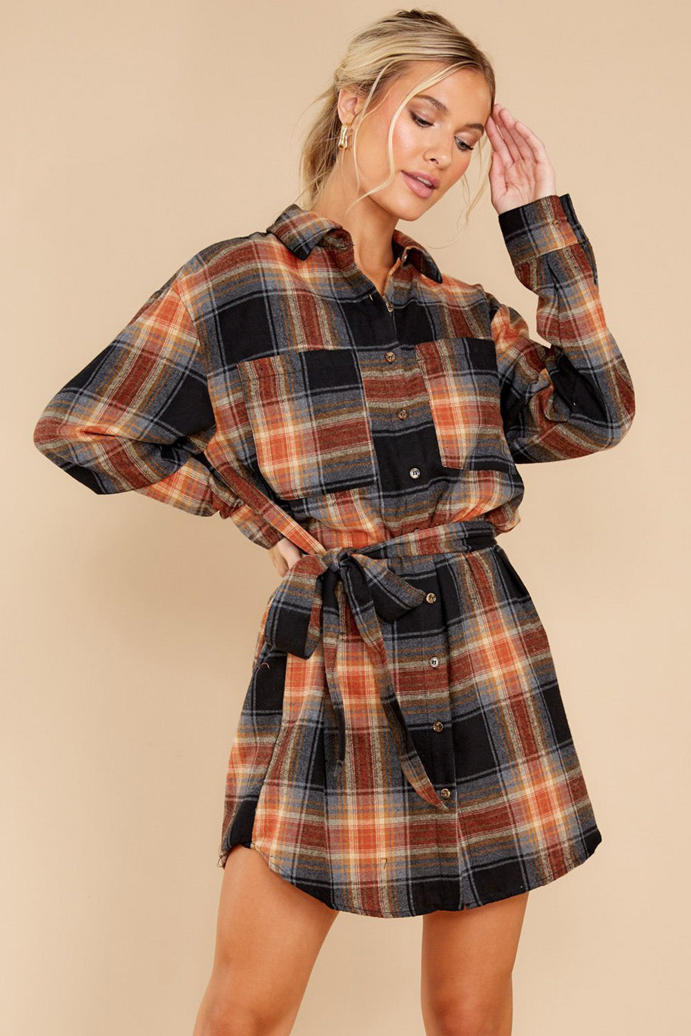 Plaid Chest Pocket Shirt Mini Dress with Belt Item NO.: 0594