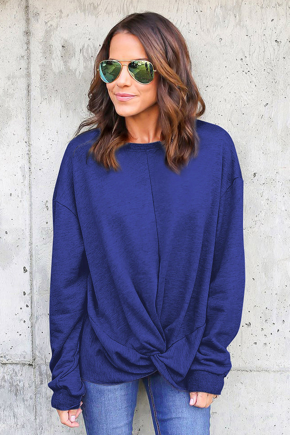 Blue Knot Twist Front Long Sleeve Casual Pullover Sweatshirt Item NO.: 2281