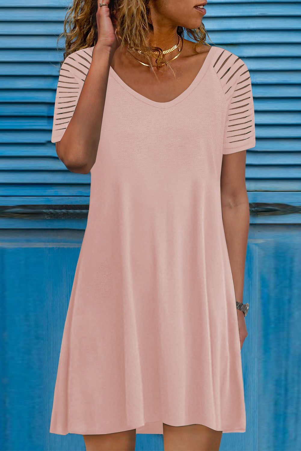 Pink Sheer Striped Short Sleeve Flare T-shirt Mini Dress Item NO.: 1763
